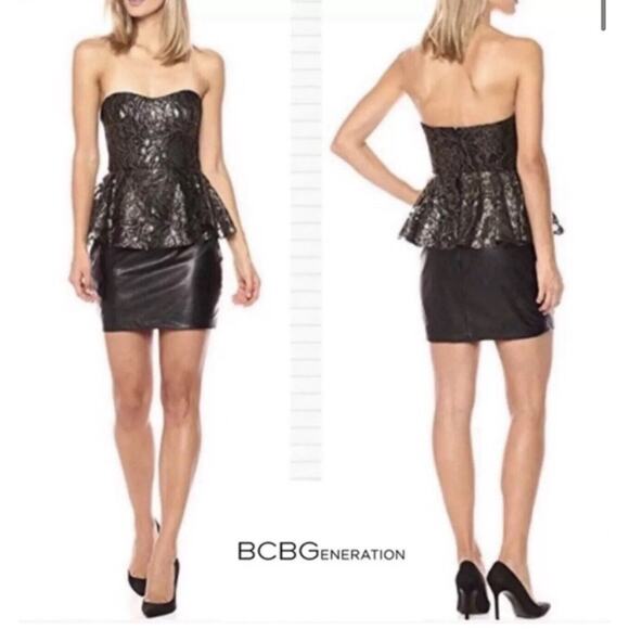 BCBG Mini Dress Womens Size 6 Strapless Metallic Faux Leather Lace Peplum NEW - Picture 13 of 14
